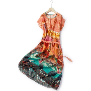 

Orange hazy print mulberry silk dress female round neck loose silk crepe DE chine MIDI dress large size slimming xia xin 2020