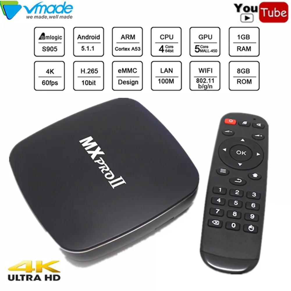 

Vmade MXPROII Ultra 4K smart TV Box Amlogic S905 Quad Core WIFI Android 5.1 OS DDRIII 1G Nand Flash 8G 3G dongle Android Tv box