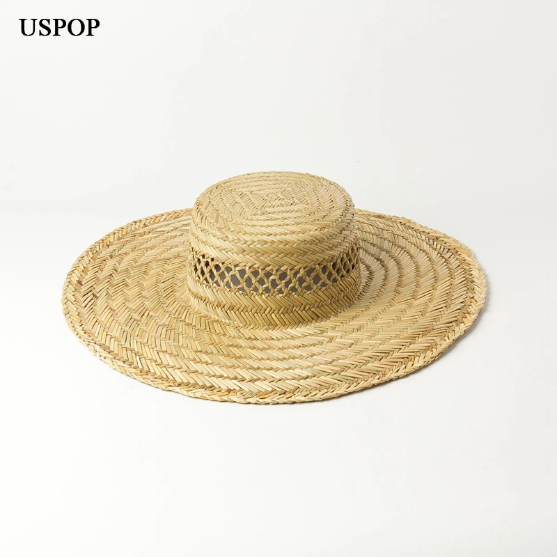 

USPOP 2019 New natural straw hats for women hand-woven hollow-out sun hats wide brim flat top beach hats