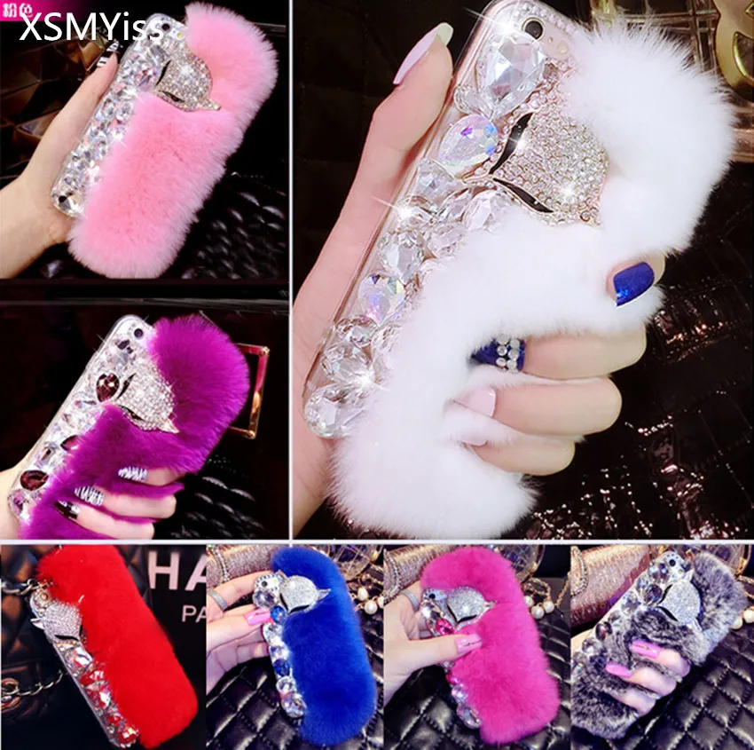 3D-New-Big-Diamond-Real-Rabbit-Fur-Soft-Cover-Case-For-Iphone-X-6-6s-6Plus