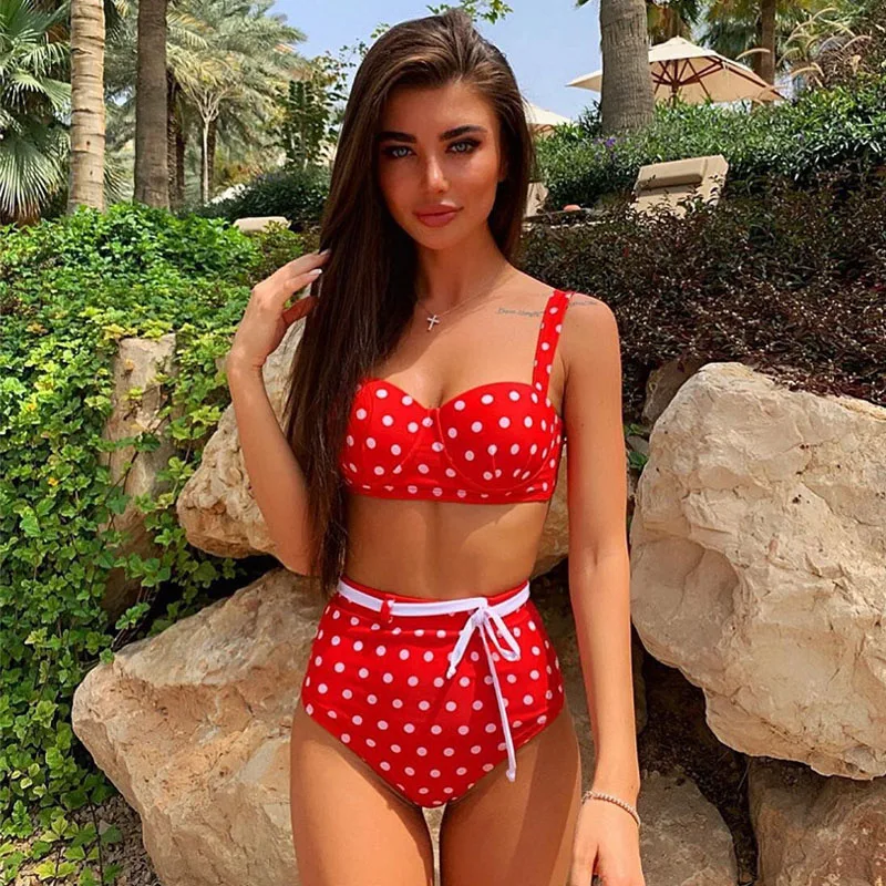 

2019 Sexy High Waist Dot Print Bikini Women Swimwear Push Up Bikini set Swimsuit Belt Beach Wear Bathing Suit Biquini Femme