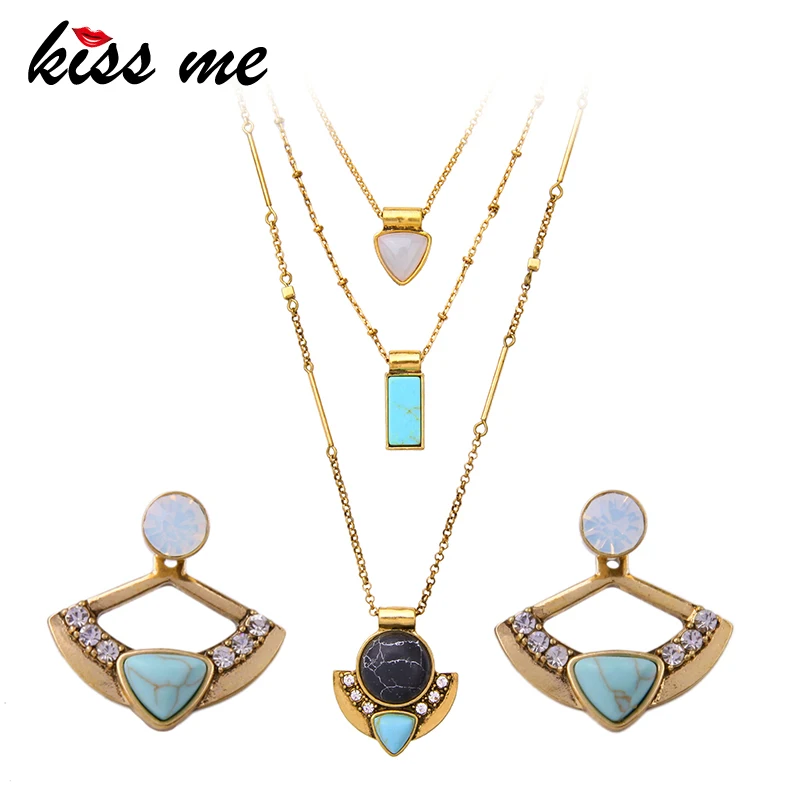 

KISS ME Turkish Jewelry Alloy Chain Layered Necklaces Geometric Synthetic Stone Stud Earrings Women Accessories Set