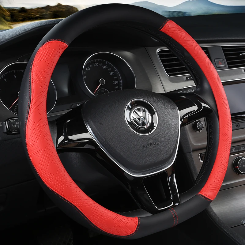 

KKYSYELVA D Shape Steering-Wheel Black Auto Car Steering Wheel Cover Leather 38CM wheel cover Interior accessories