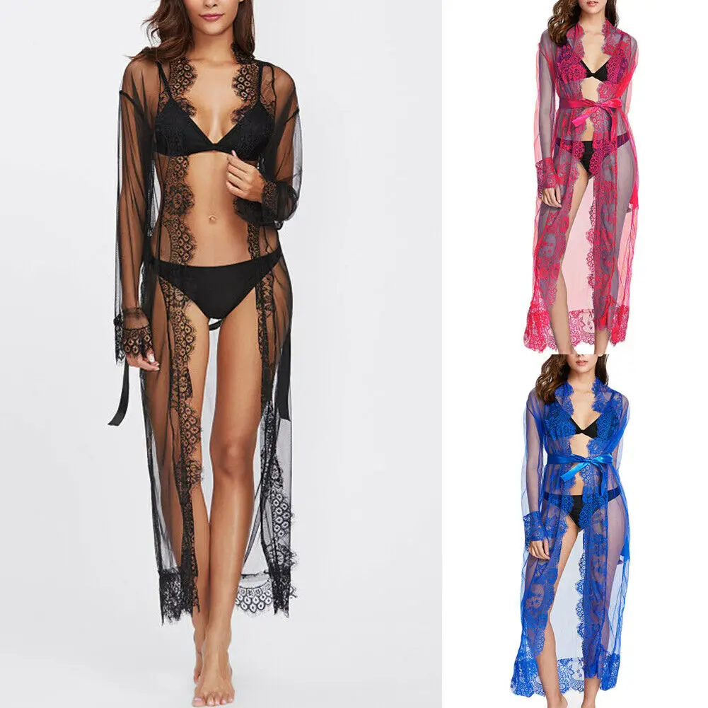 

2019 New Style See Through Women Bathing Fashion Hot Lace Long Swimming Wear Swim With Belt Cover-Ups