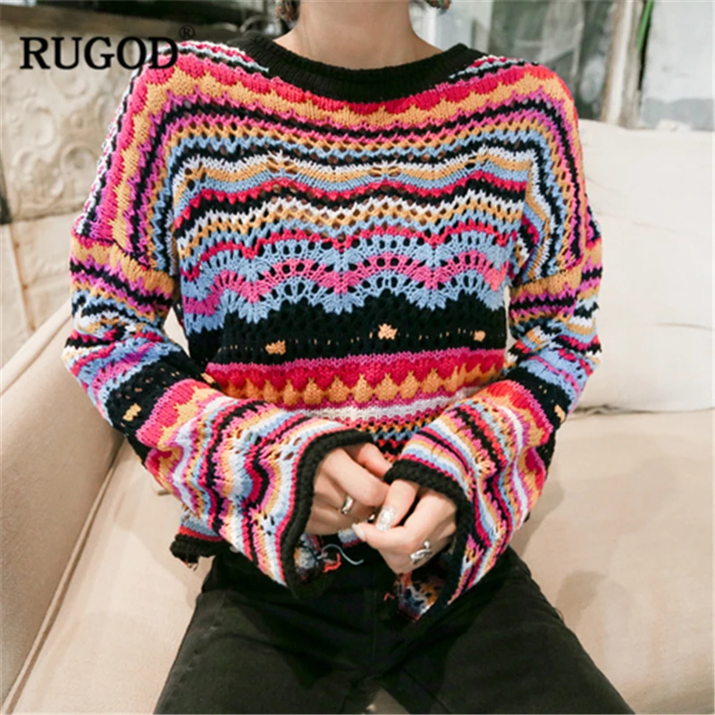 

RUGOD Fashion Female Striped Sweater 2018 Autumn New Casual O-Neck Flare Sleeve Knitted Pullovers For Women Sueter Mujer