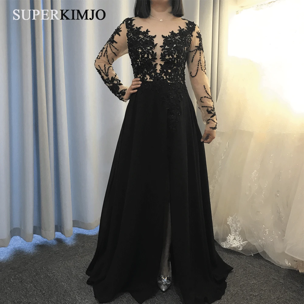 

SuperKimJo Black Prom Dresses Vestidos De Graduacion Largos 2019 Lace Applique Beaded Elegant Cheap Prom Gown with Slit