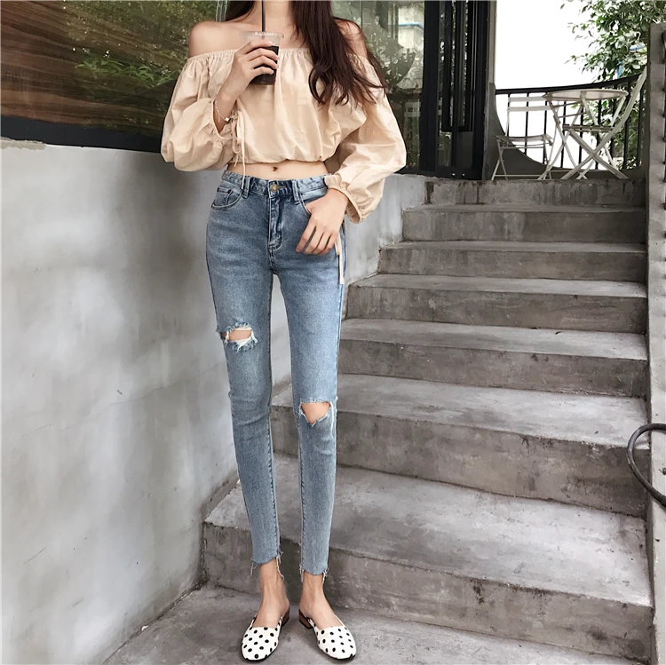 Модный Личность высокой талией упругой отверстие в джинсы новый корейское платье-карандаш девять центов брюки для Для женщин весенняя