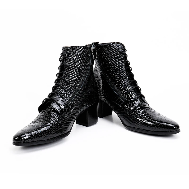 Christia Bella/модные мужские ботинки из натуральной кожи со змеиным узором; зимние мужские ботинки на высоком каблуке; ботинки в байкерском стиле на шнуровке