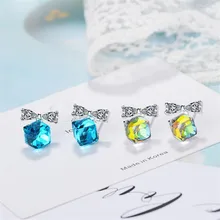 Новая красивая вспышка Аврора куб искусственный кристалл 925 стерлингового серебра ювелирные изделия темперамент лук квадратные серьги SE764