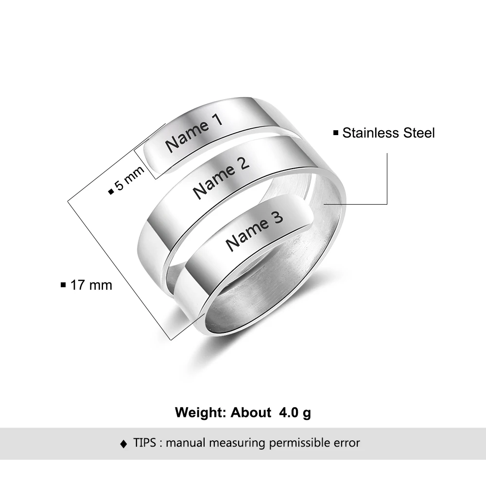2 Color Personalized Gift Engraved 3 Name Stainless Steel Adjustable Rings For Lovers' Anniversary Jewelry (JewelOra RI103745)
