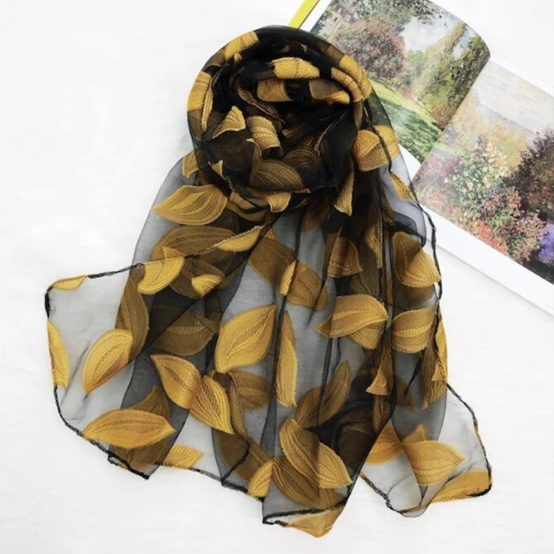 

2018 Women's Scarf Leaves And Flower Pattern Long Shawl Scarves Spring And Autumn High Grade Organza Lady Elegant Hijab Wraps