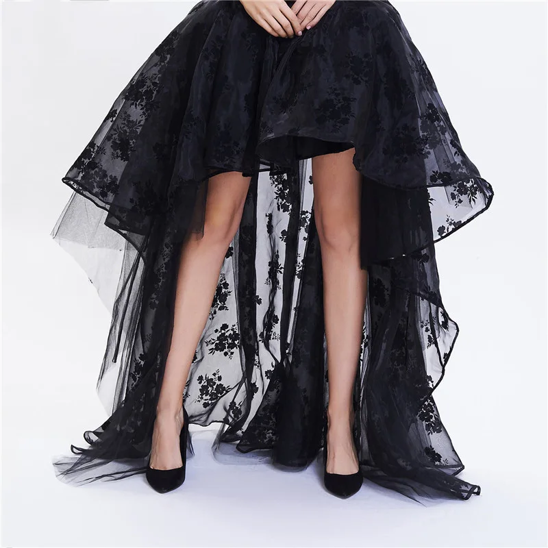 Black Chiffon Front Short Back Long Asymmetrical Gothic Steampunk Skirt