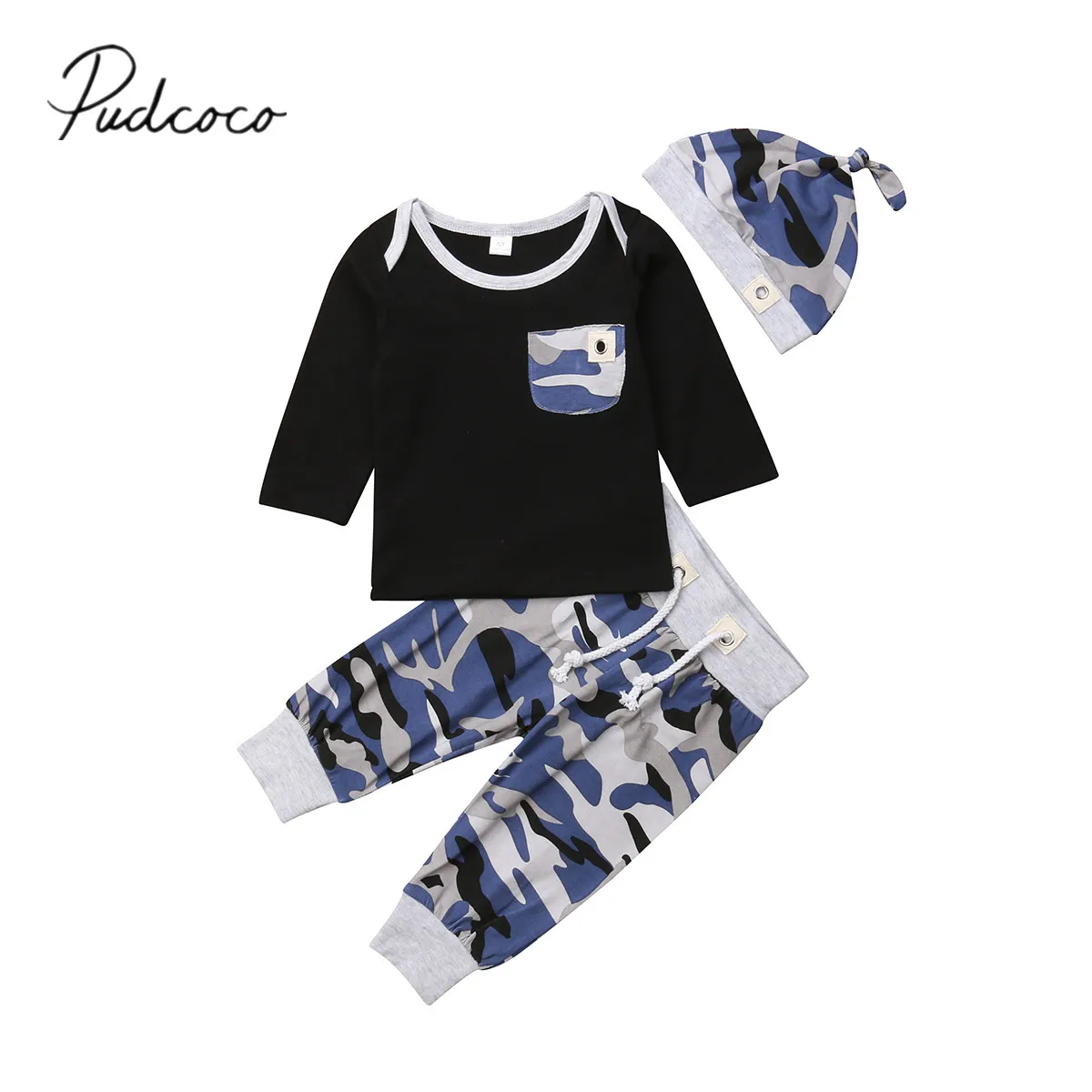 

2018 Brand New Camo Fashion Active Baby Boy Autumn Winter Clothes Sets 3PCS Long Sleeve Patchwork Sweatshirt Tops+Pants+Hats