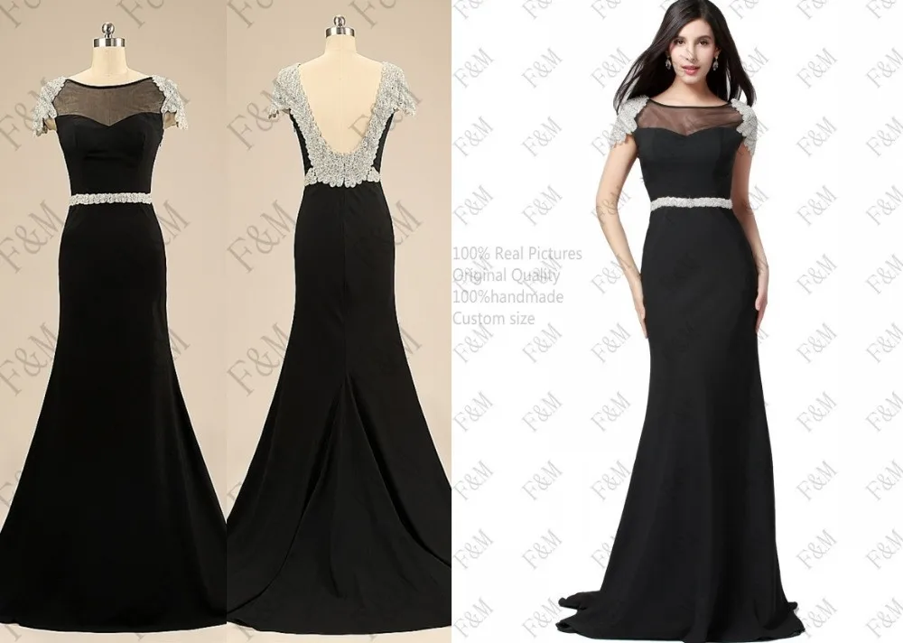 2015-FM-Formal-Scoop-Neckline-Cap-Sleeves-Court-Train-V-back-Straight-Spandex-Black-Gown-Custom