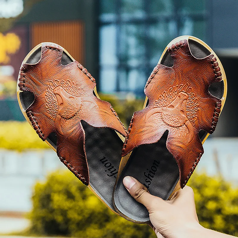 

Men's Shoes Leather Summer Beach Sandals For Men Plus Size 45-48 Breathable Hollow Slip-On Casual Shoes Male Calzado Hombre