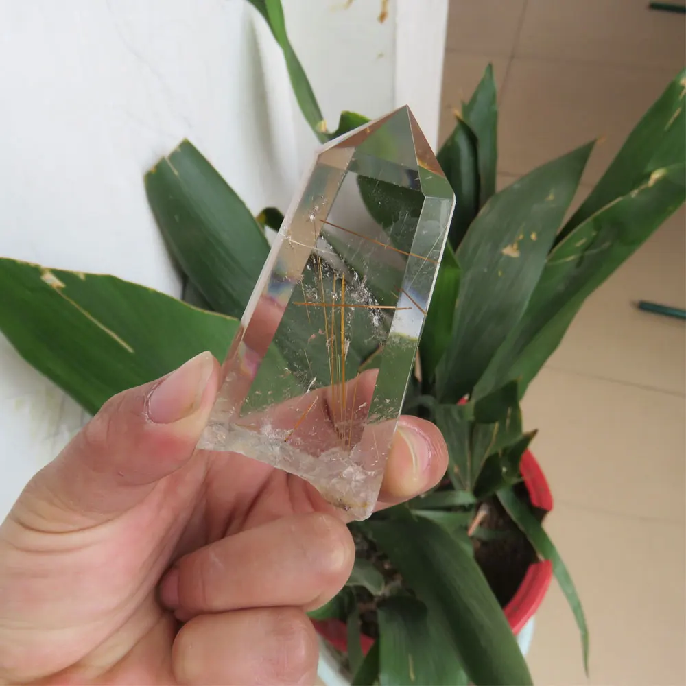 

Rare 46g Small Natural Golden Hair Quartz Rutile Quartz Crystal Wand Point Pocked Stone Mineral Stone