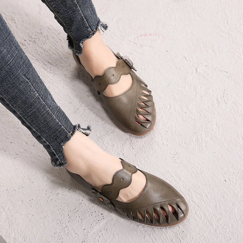 

2019 Retro Style Flower Shoes Ladies Flats Genuine Leather Handmade Vintage Spring Summer Women Mary Janes Comfortable Soft Shoe