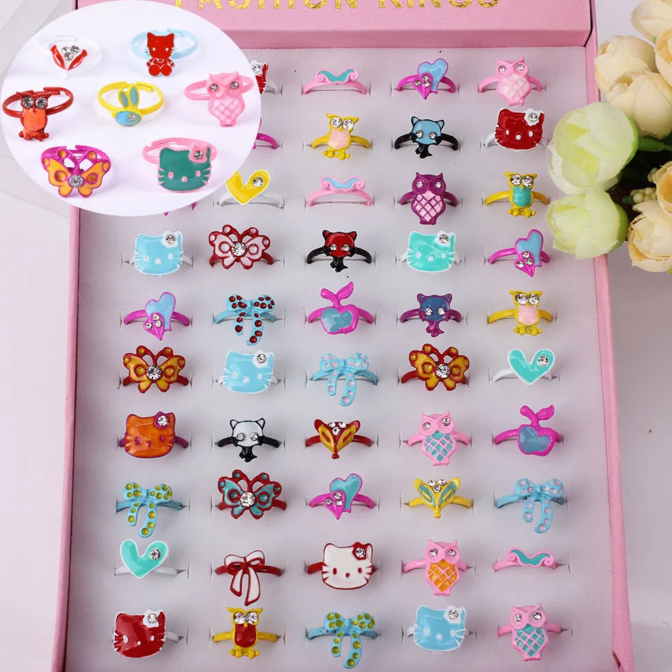 Wholesale Mixed Assorted Cartoon Crystal Adjustable Rings Baby Kids Girls Boy Mix Styles Party Gift Jewelry With Display Box