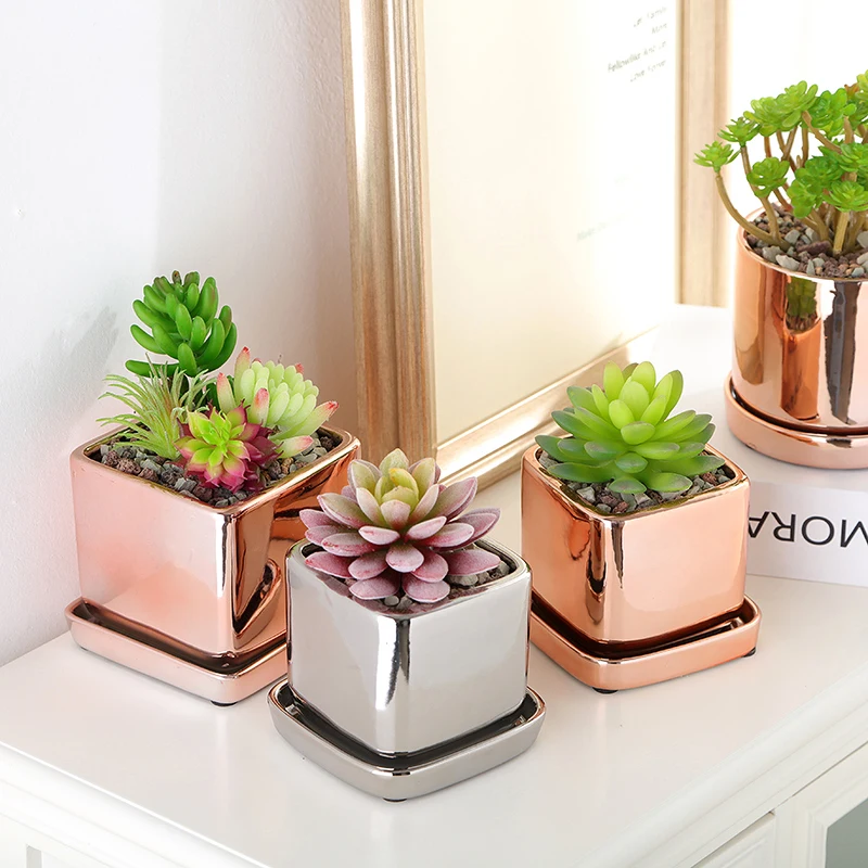 

Brief stylish square Rose gold silver ceramic small flower pot Desktop decorative cylinder plant small flower pot