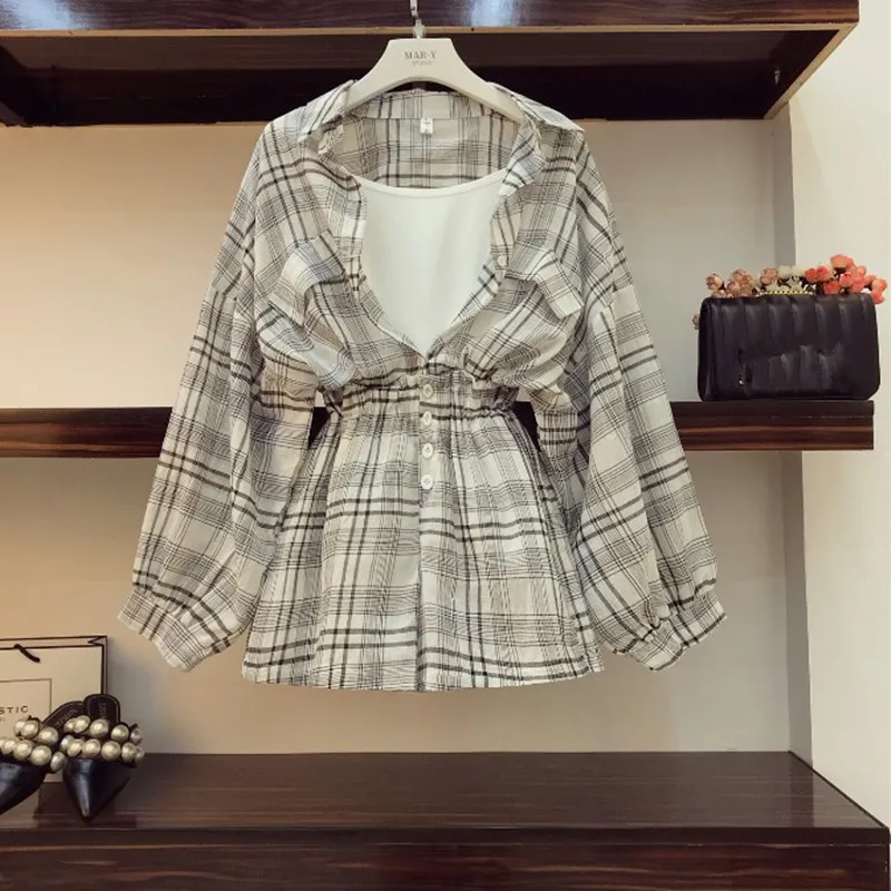 

Summer New Two piece Set Women's Loose Long Plaid Shirt + Elastic waisted Button Shorts Suits Casual Girls Student Shorts Set