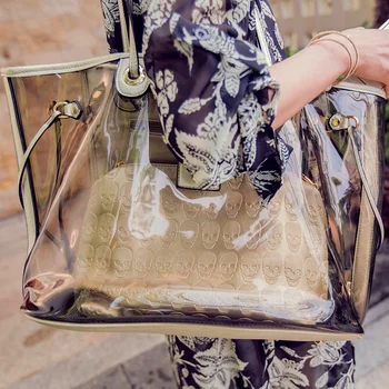 

Brand Fashion Jelly Bags Clear Transparent PVC Tote Large Capacity Plastic Beach Bags Skull Print Women Bags Purses and Handbags