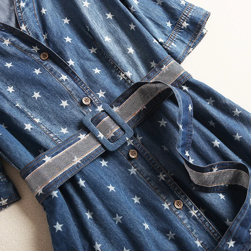 Women casual dress denim jeans star patterns V-neck short sleeve sashes a-line dresses new 2019 summer blue