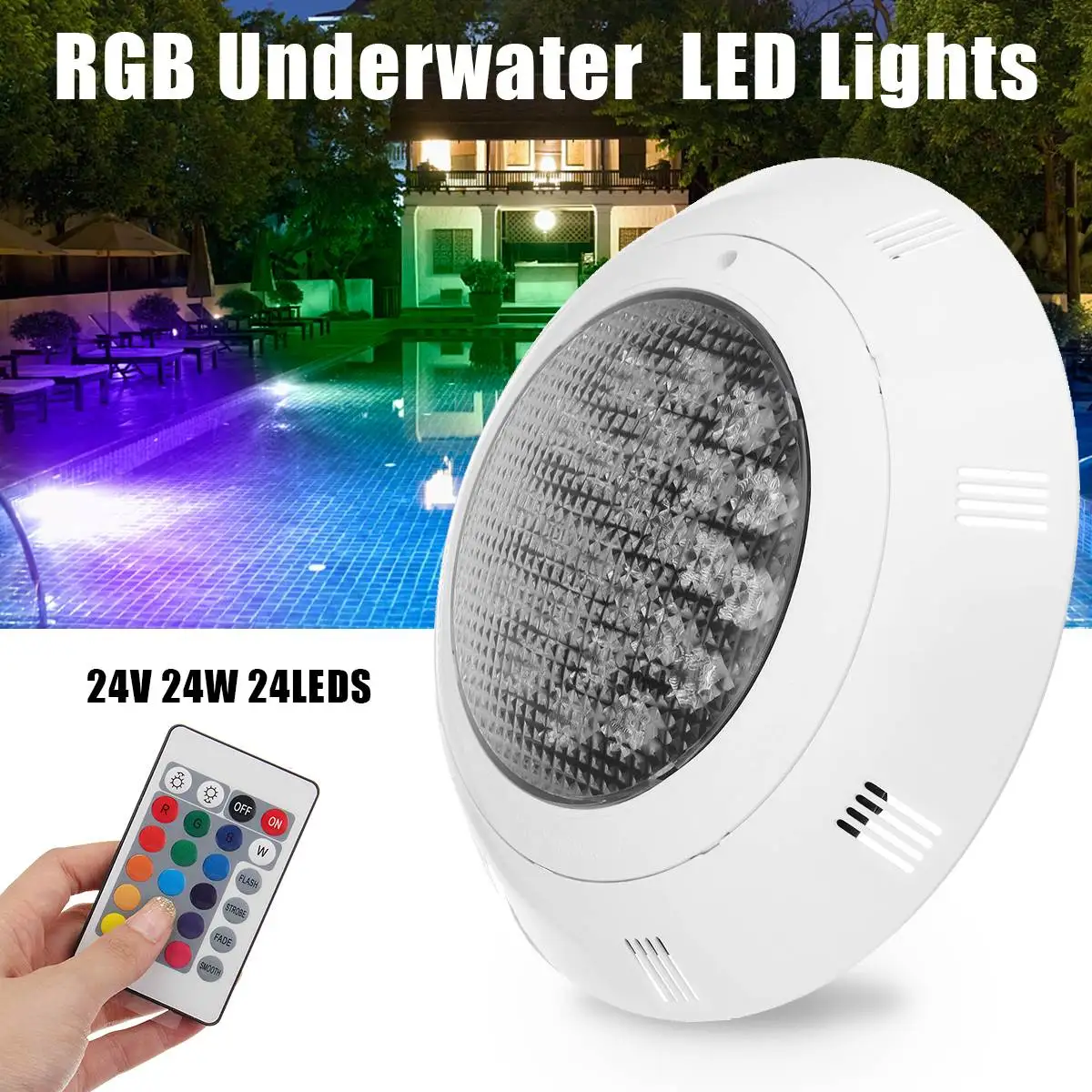 

7-Color Swimming Pool LED Bright Light 24W RGB Underwater Lamp With Remote Controller IP68 Waterproof Outdoor Lamp Pond Light