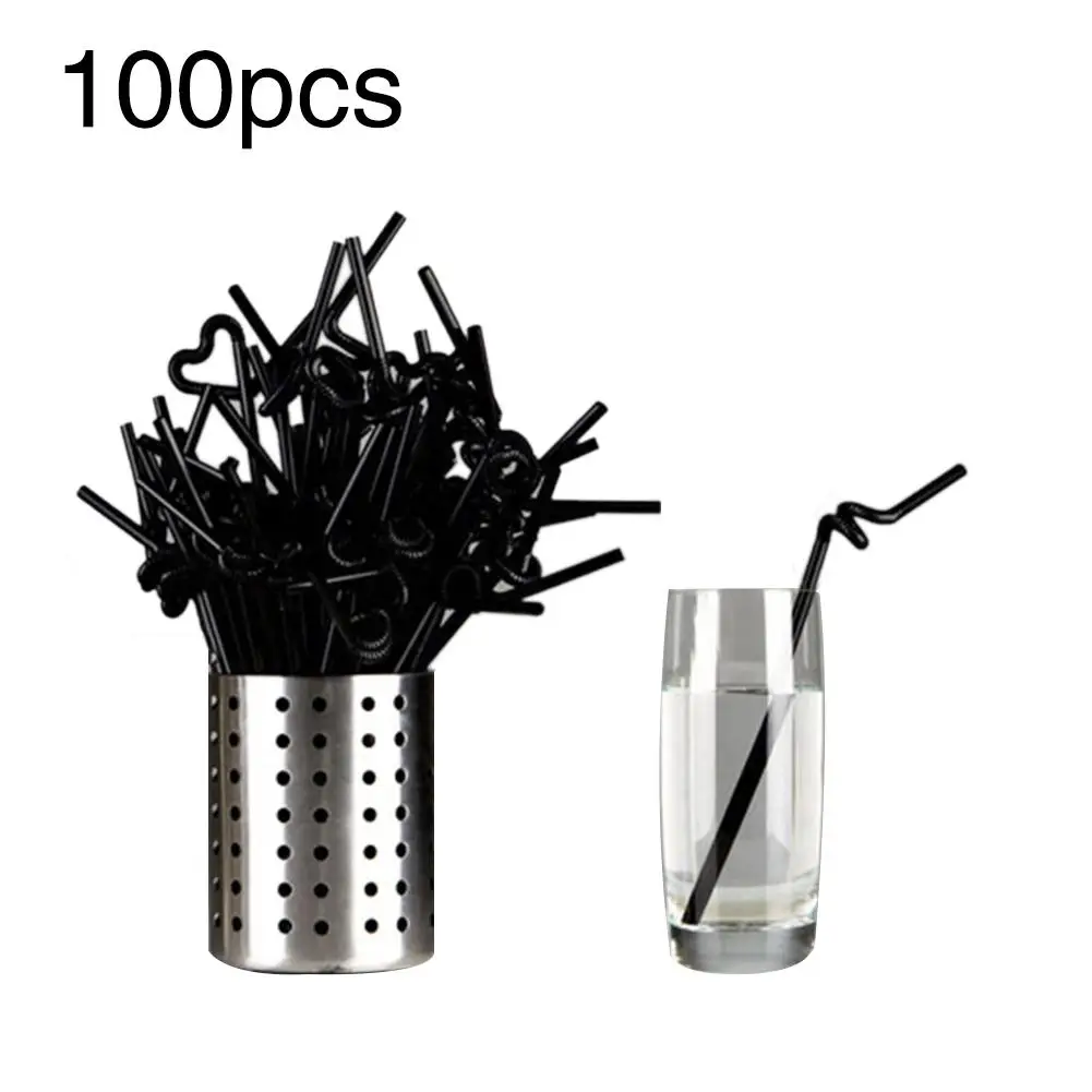 

100 PCS Black Disposable Plastic Drinking Straw Flexible Suction Tube Sucker