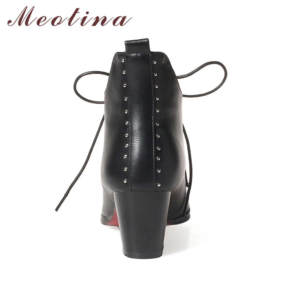 Meotina/зимние ботинки женские ботильоны с острым носком Короткие женские ботинки на шнуровке, с заклепками, на не сужающемся книзу массивном каблуке Женская обувь красного цвета, большие размеры 33-43