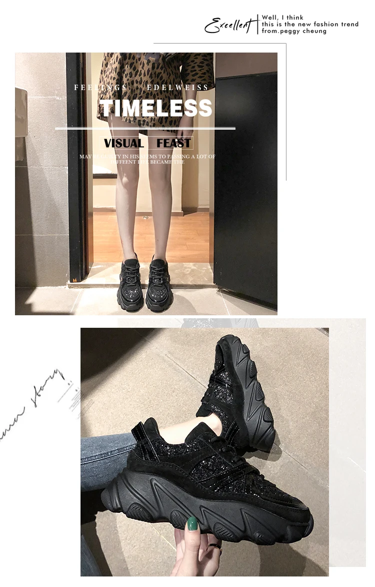Qweff/Новинка года; женские кроссовки на толстой танкетке; обувь с блестками; повседневная спортивная обувь на платформе; модные кроссовки с блестками; A7-33