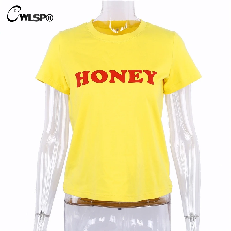 CWLSP Женская летняя футболка топы с надписью HONEY Повседневная хлопковая Футболка