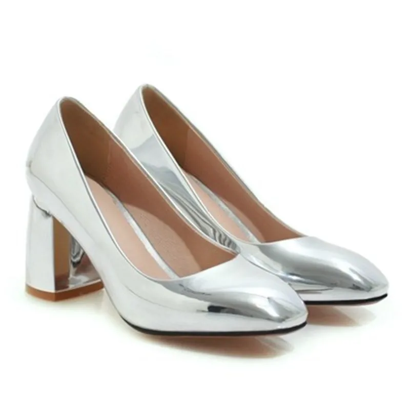 Plus Size 33-45 Women Pumps Fashion Gold Block Thick High Heels Shoes Patent Leather Slip On Silver Office Ladies Working Shoes (4)