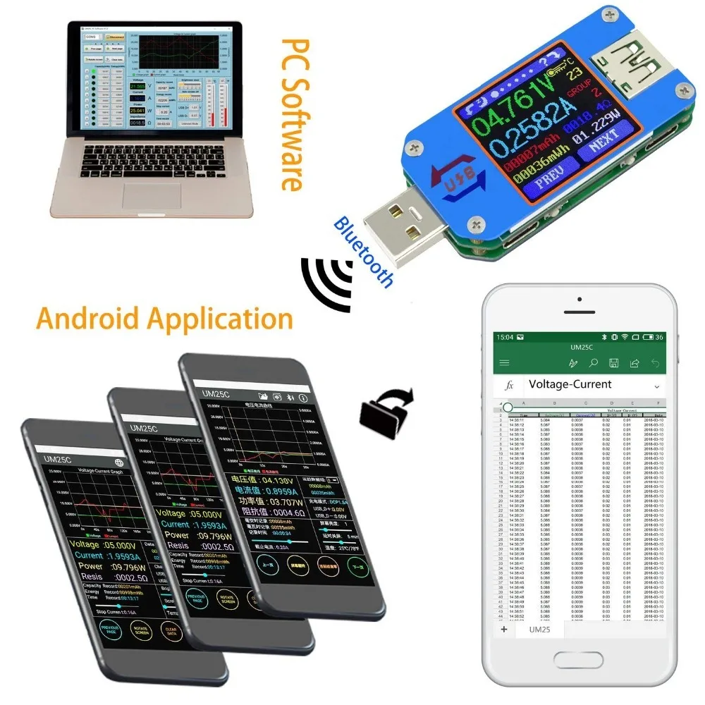 Um25 Um25c Для App Usb 2,0 Тип-c ЖК-дисплей Вольтметр Амперметр Напряжение измеритель тока, для батареи зарядки измерения Bluetooth Связь