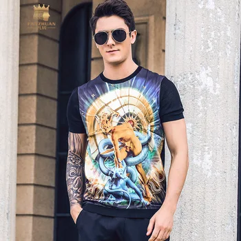 

Fanzhuan free shipping New 2019 Summer Greek Character Print Short Sleeve Stitching black Comfortable 95% cotton t shirt 925029