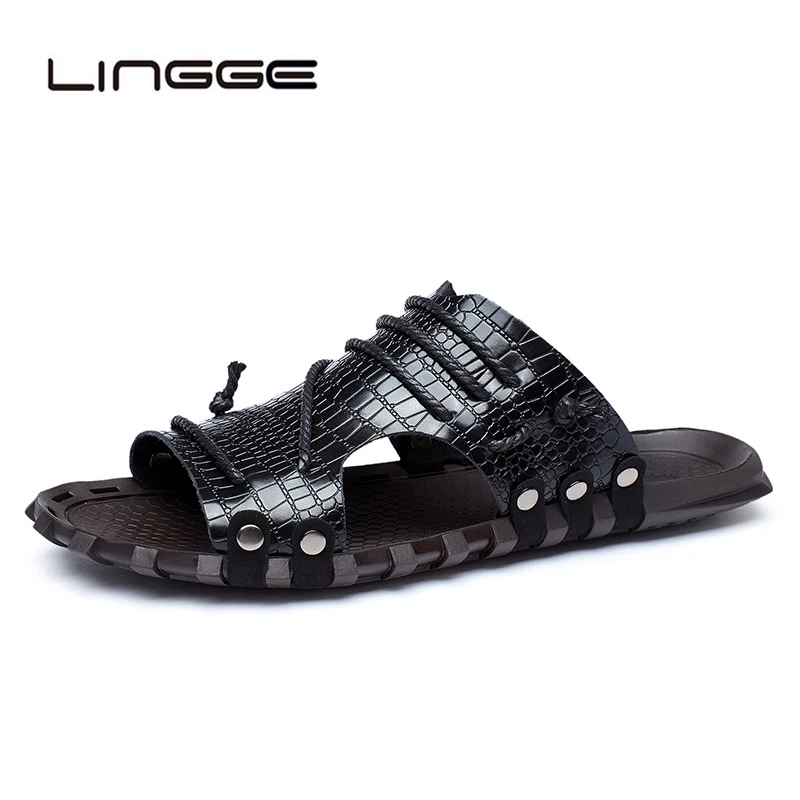 

LINGGE Microfiber Leather Summer Men Slippers Beach Sandals Comfort Men Casual Shoes Fashion Men Flip Flops Plus Size 38-47
