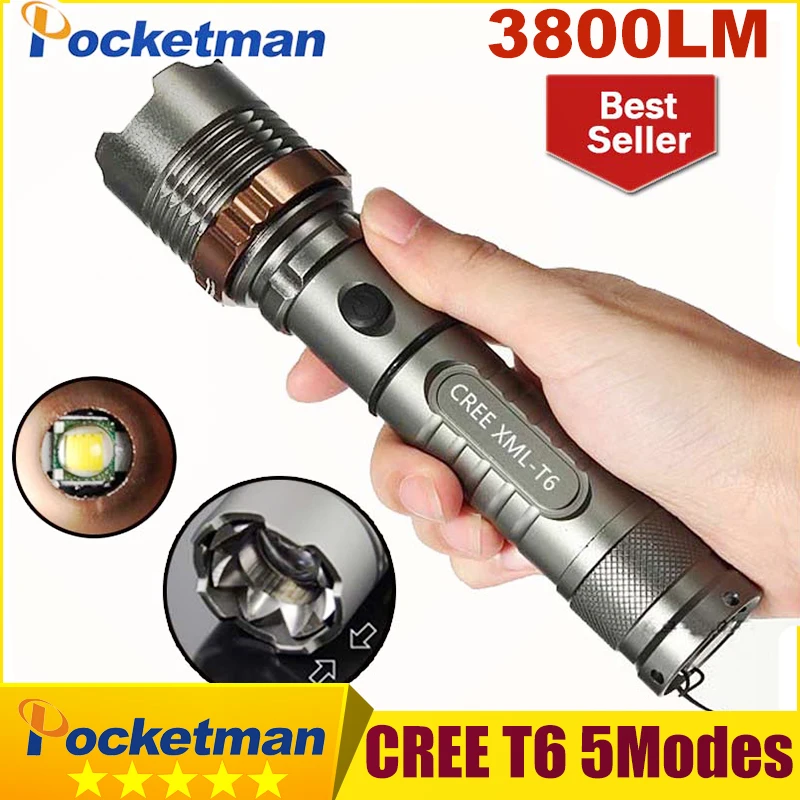 3800 люмен Cree XM-L T6 5 режимов светодиодный тактический фонарик факел