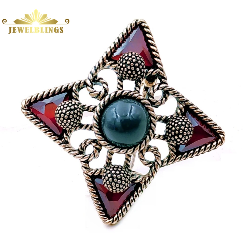 

Victorian Antique Blue Stone Domed Four Point Star Brooches Silver Tone Wires Craft Opens Red Crystal Designer Star Pins Broach