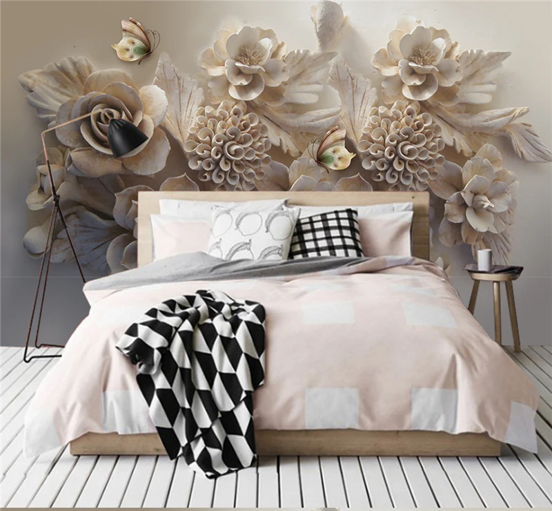 Customize Any Size 3D HD Interior Decoration Beautiful 3D Flower 3D Flower Butterfly TV Silk Background Wall Painting Wallpaper