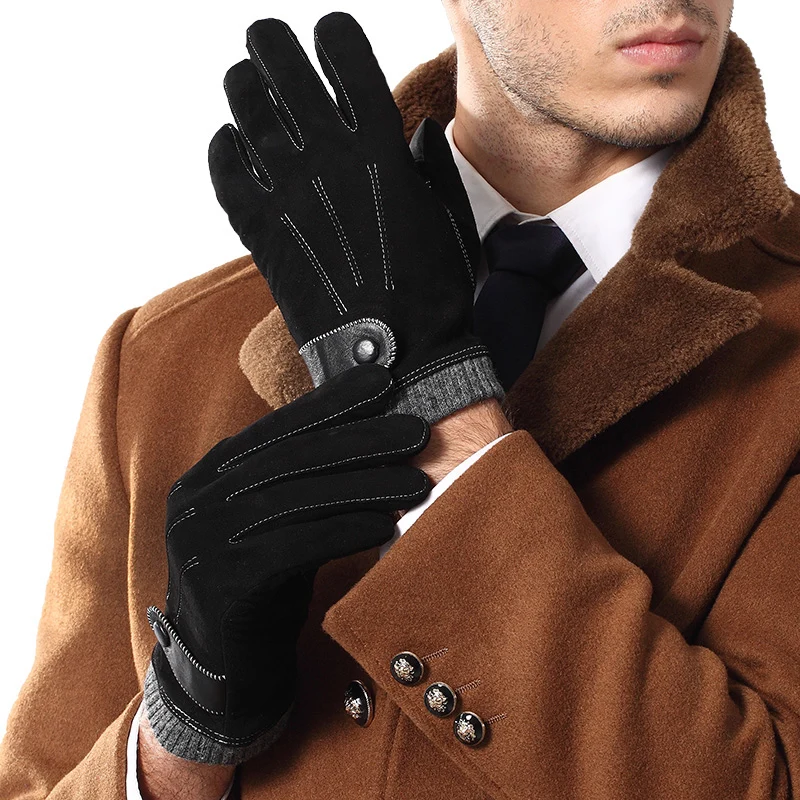 Men Genuine Leather Gloves Male Fashion Trend Autumn Winter Plush Lined Black Suede Sheepskin Touch Gloves 2019 NEW 9006