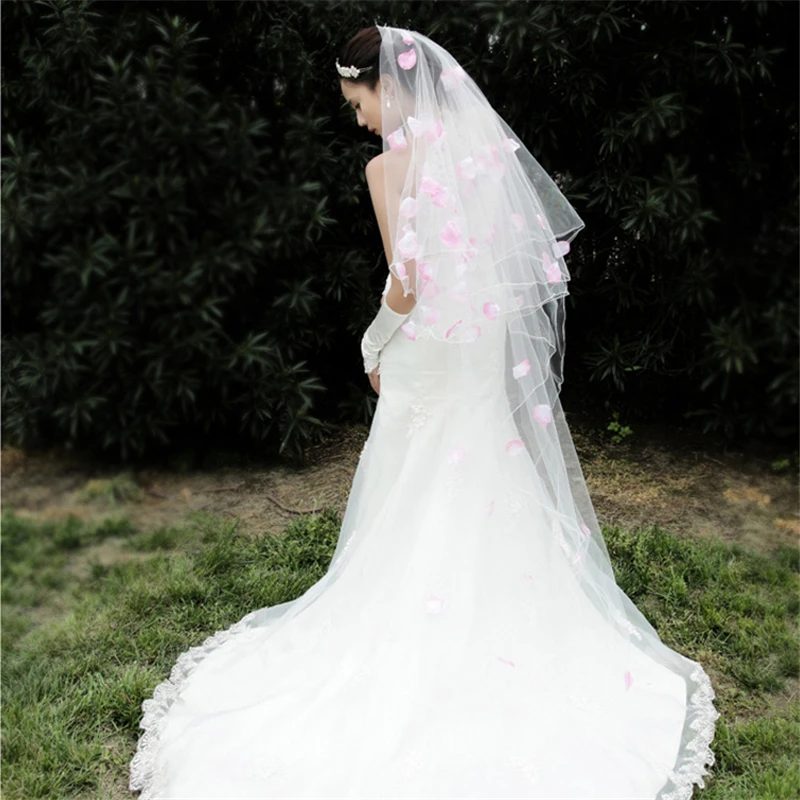 300 см, однослойная белая свадебная вуаль, Длинные розовые лепестки, свадебная вуаль для невесты, свадебные аксессуары, Velos de Noiva Q4
