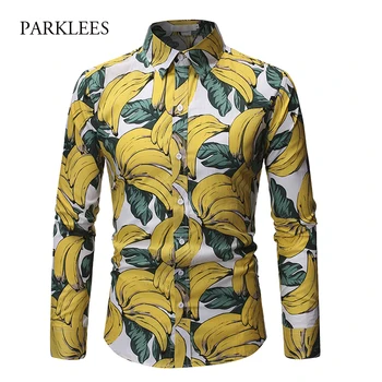 

Tropical Men's Long Sleeve Shirt Banana Print Turn-down Collar Tops for Men Slim Fit Breathable Autumn Refreshing Chemise Homme