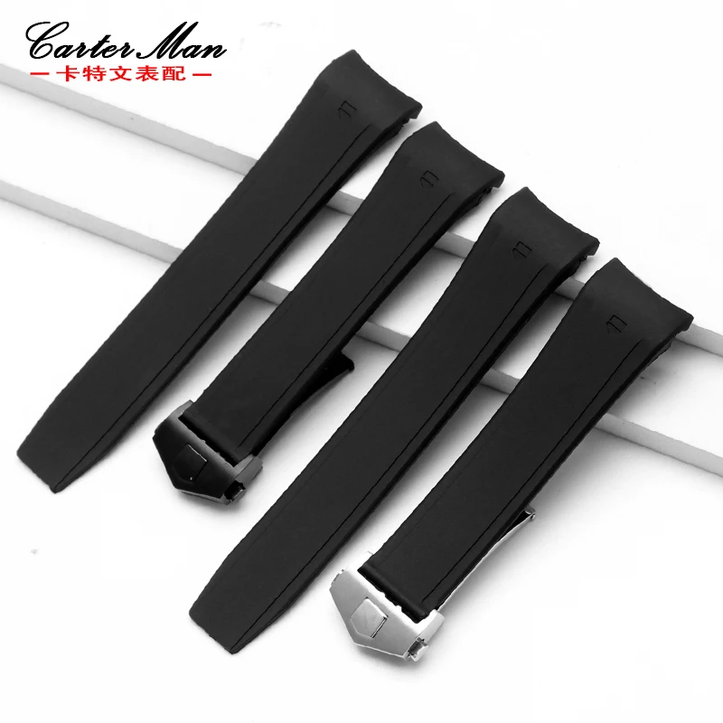 

high quality sicilcone material curved end watchband strap with stainless steel black folding buckle for 22mm wide TAG watch