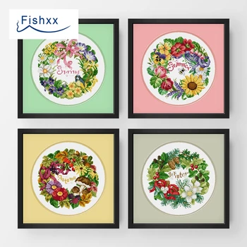 

European-style garden style cross stitch kits B009 spring summer autumn and winter seasons patterns garlands 100%Egyptian cotton
