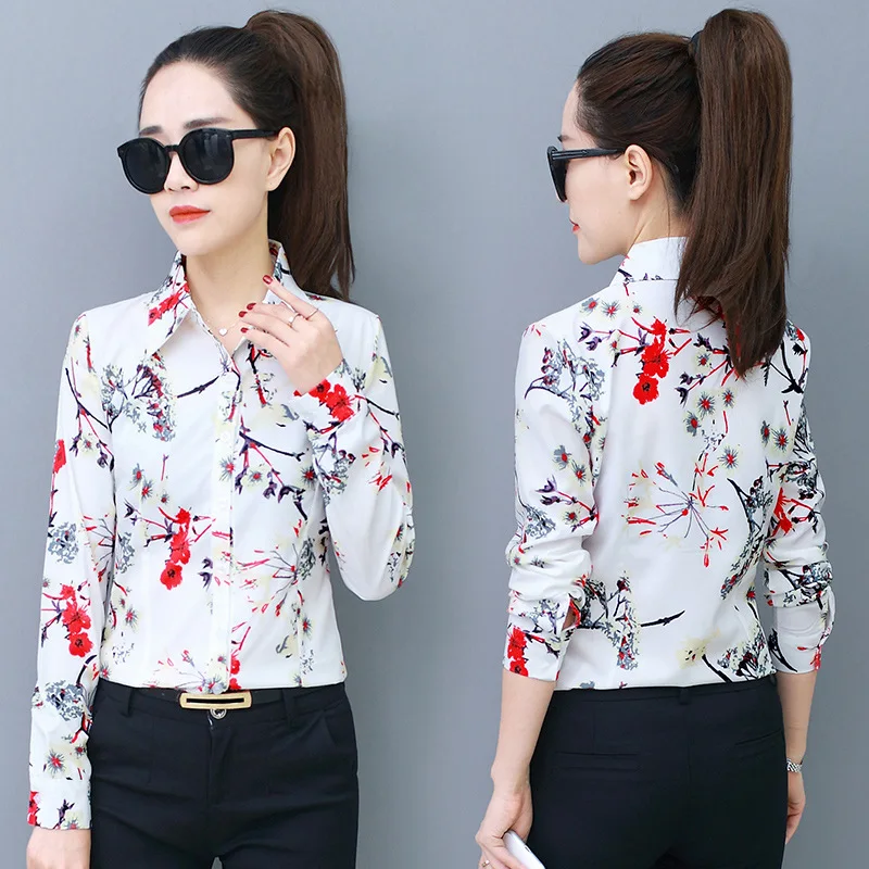 

Korean Fashion Chiffon Women Blouses Print Turn-down Collar White Women Shirts Plus Size 4XL/5XL Blusas Femininas Elegante