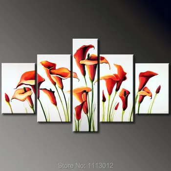 

100% Hand Painted High Quality 5 Pcs Set Red Morning Glory Flower Decor Oil Painting On Canvas Home Modern Art For Living Room