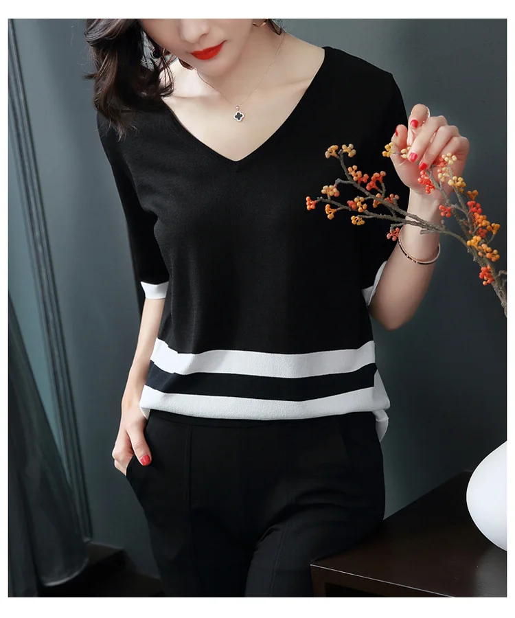 

Baharcelin Women Girl Summer short Sleeve Pullovers Knitted sweaters Cute Sweet V neck casual loose Striped Knitwear shirt Tops