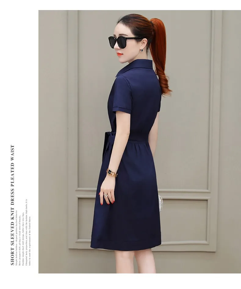 Высококачественное летнее джинсовое платье с коротким рукавом повседневное однотонное тонкое женское платье с отворотом большого размера Vestido HS302