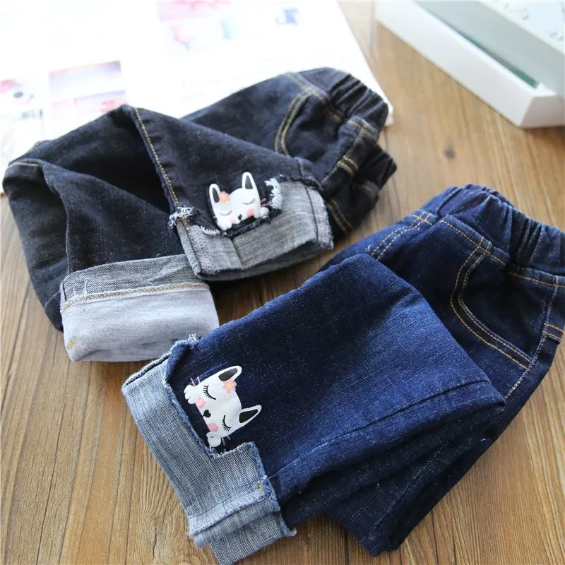 

DZIECKO Lovely Cat Print Jeans For Girls Spring Autumn Long Denim Trousers Jeans Elastic Waist Solid Color Kids Jeans For 2-8T