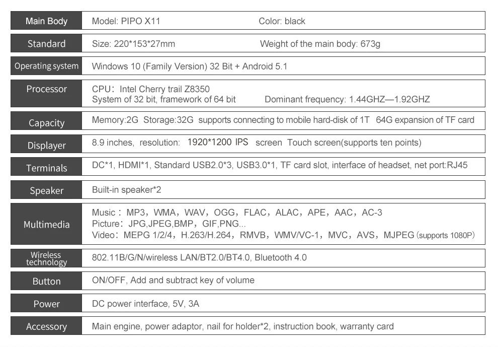 Pipo X11 8,9 дюймов 1920*1200 экран мини ПК 2 ГБ 32 ГБ Android 5,1 Вт 10 Cherry Trail Z8350 с BT4.0 HDMI Wifi smart tv box