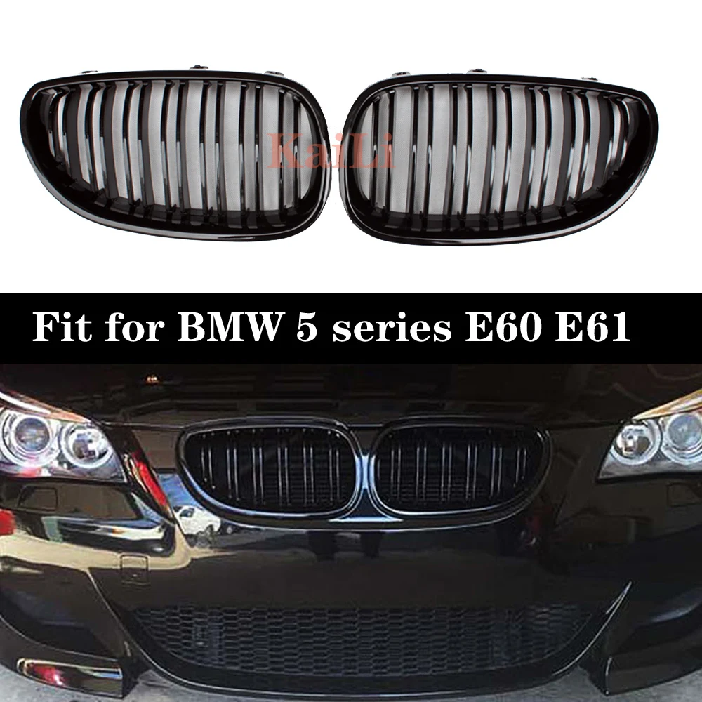 

Pair Gloss Black Double Slat Line Front Kidney Racing Grilles For BMW 5 Series E60 E61 525i 528i